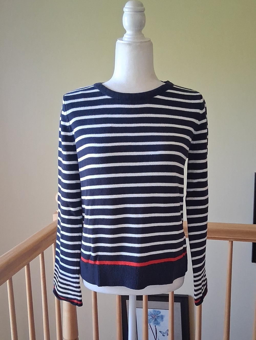 Cynthia Rowley Navy and White Striped Knit Top with Red Trim